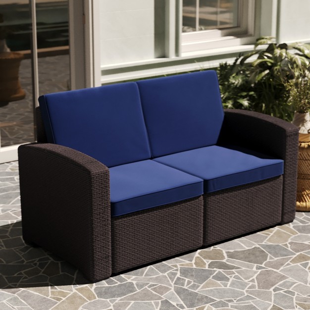 Merrick Lane Outdoor Furniture Resin Loveseat Faux Rattan Wicker Pattern 2 seat Loveseat With All weather Cushions