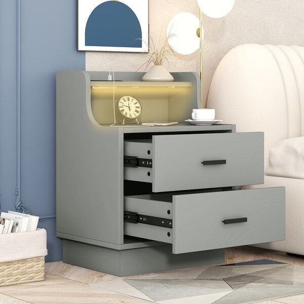 Multifunctional Nightstand with 2 Drawers， Shelf with USB Charging Design， Color-Changing LED - - 37572840