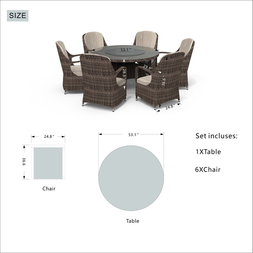 Abrihome 7 piece Outdoor Wicker Dining Table Set with 6 Eton Chairs