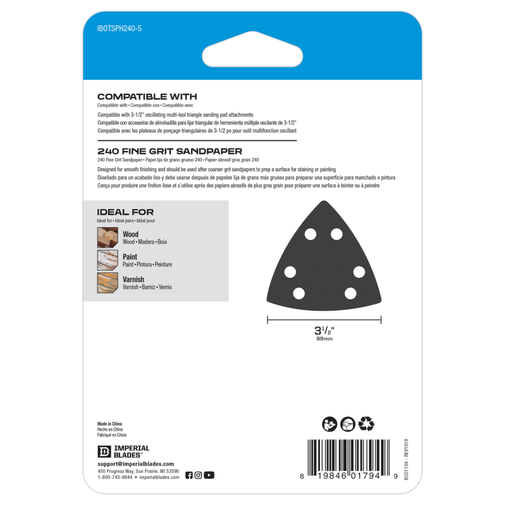 One Fit™ Oscillating Triangle Sandpaper 240 Fine Grit， 5PC