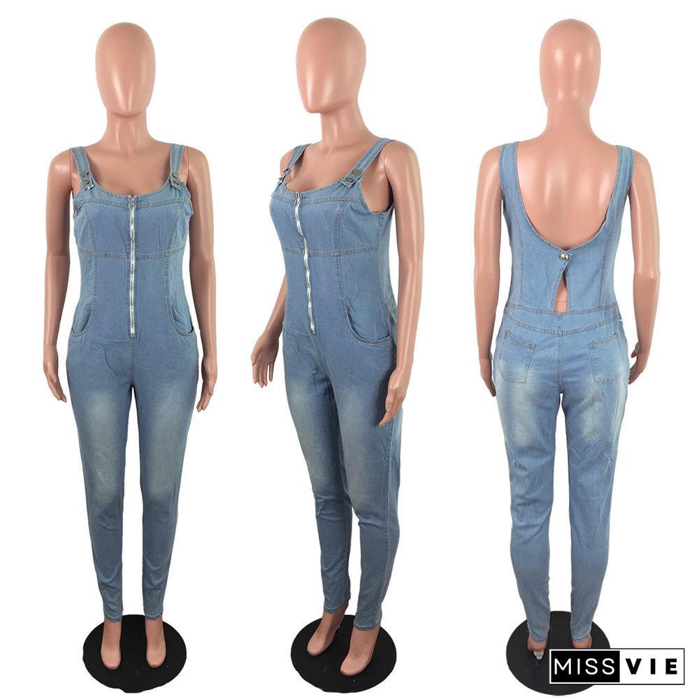 Zipper Front Sleeveless One Piece Denim Jumpsuit