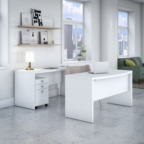 Office by kathy ireland Echo Bow Front Desk and Credenza with Mobile File Cabinet in Pure White