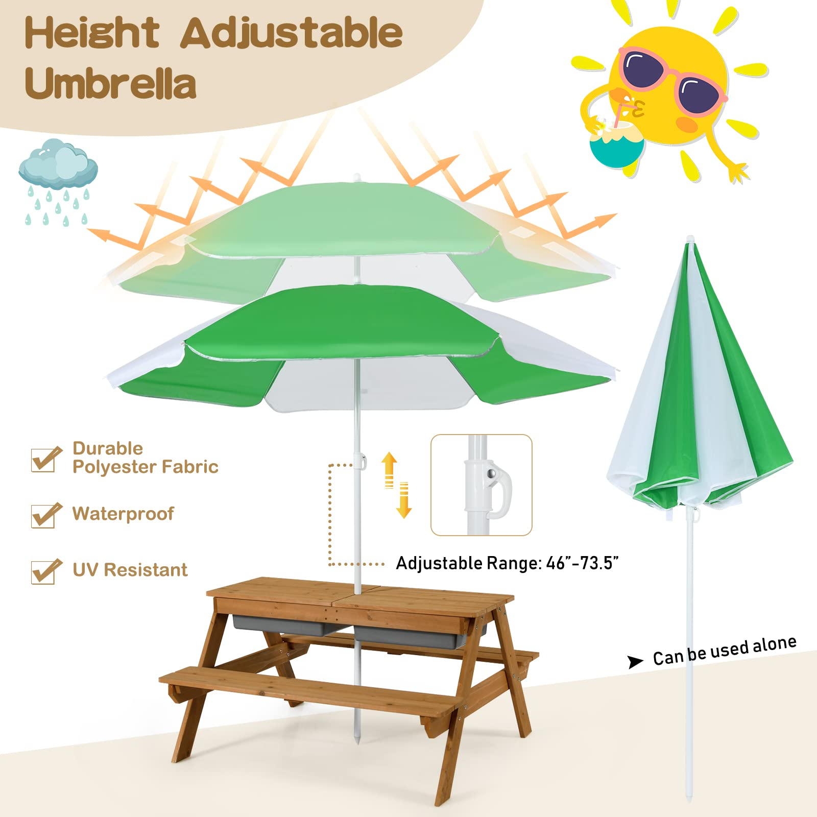 Costzon Kids Picnic Table, 3 in 1 Sand & Water Table w/Height Adjustable Umbrella