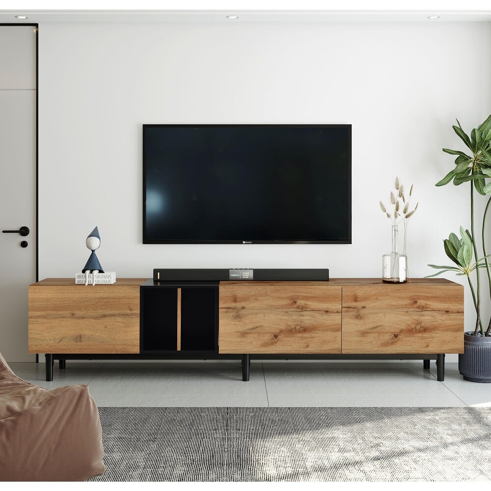 Versatile Wood TV Stand w/3 Cabinets   Open Shelves  Entertainment Center for TVs Up to 80\