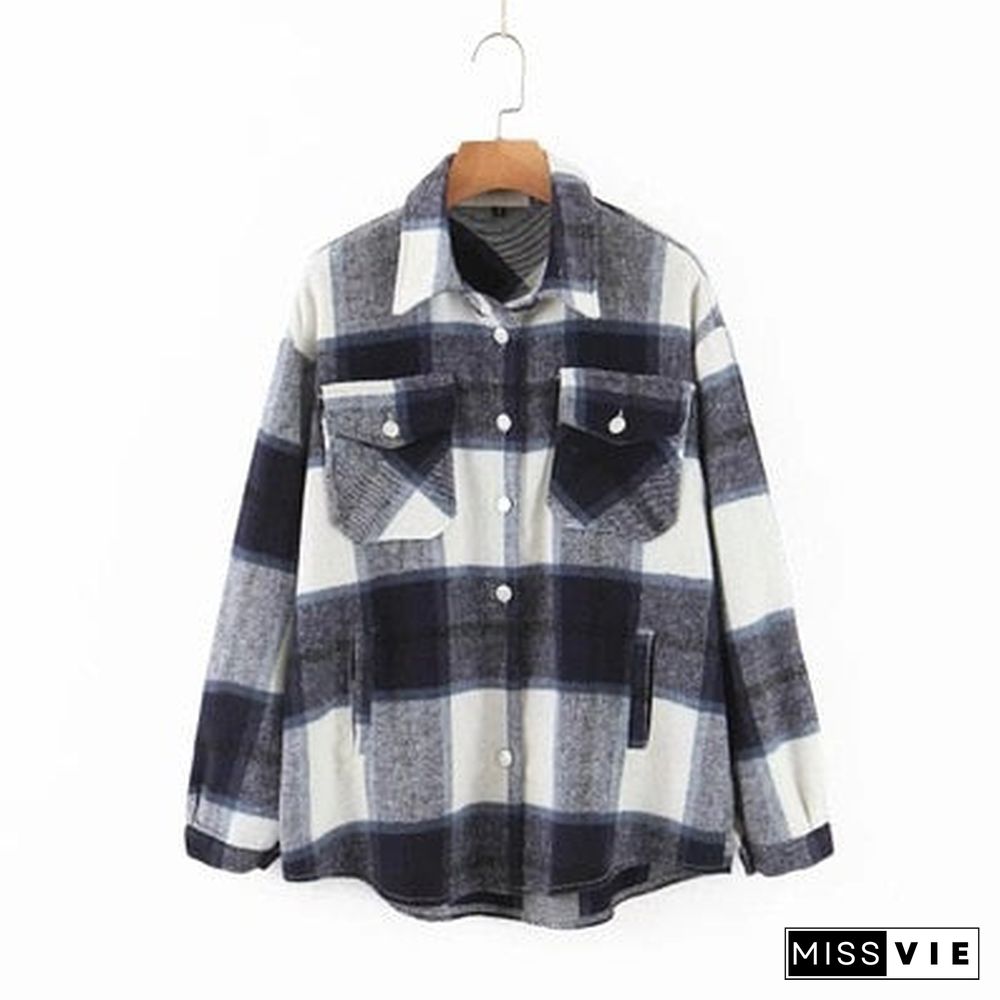 Autumn Winter Plaid Jacket Wool Blend Coat Fashion Button Long Sleeve Coat Casual Office Warm Overshirt Ladies Jackets Chic Tops