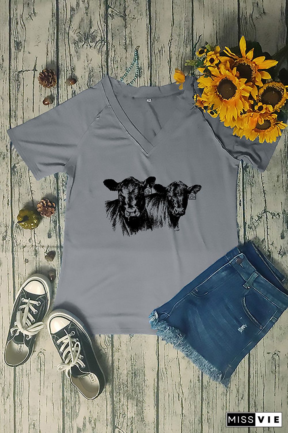 Cow V Neck Graphic Tee