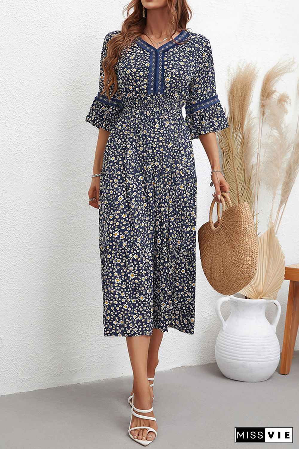 Half Sleeve Sunflower Print Patckwork Dress