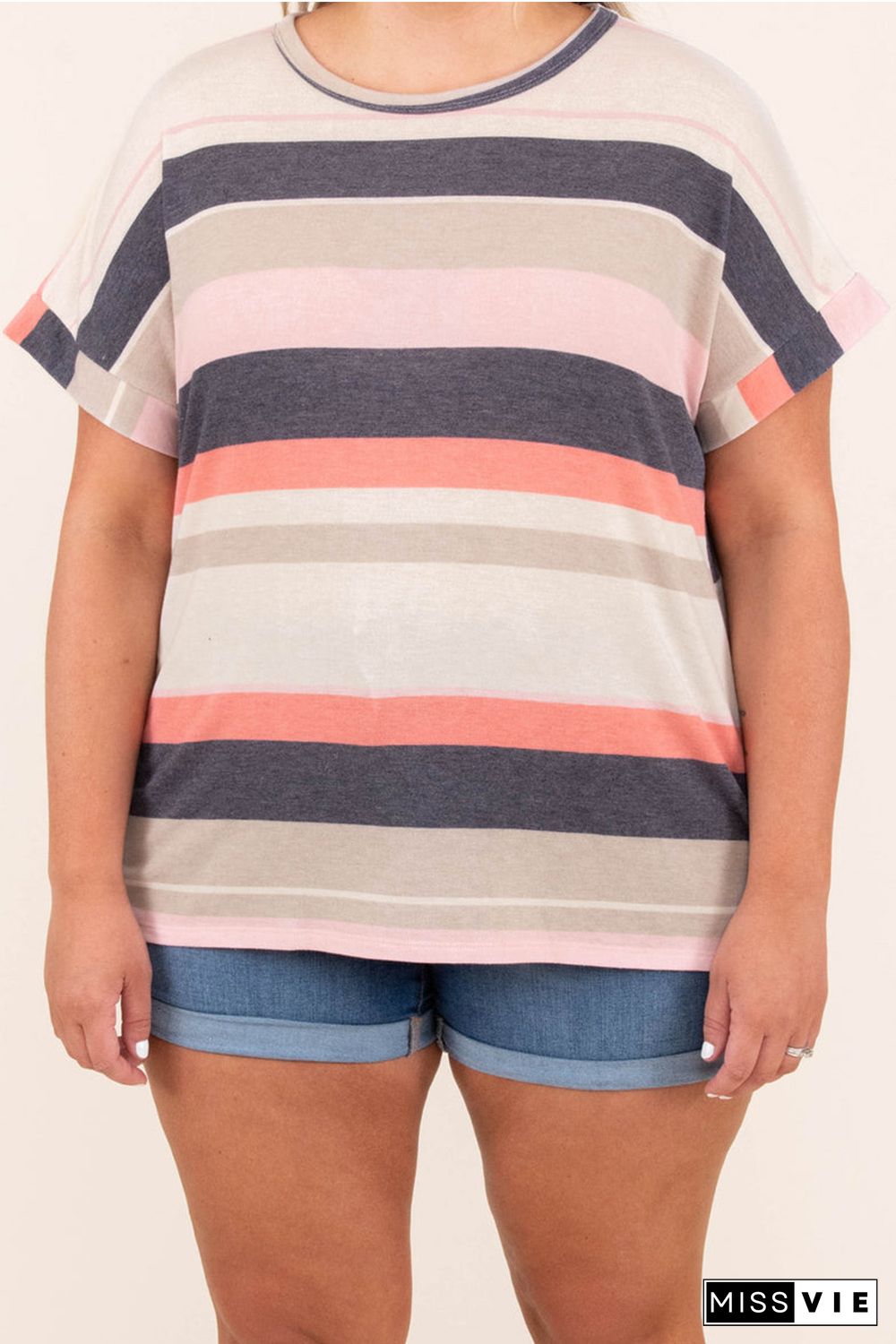 Plus Size Striped Colorblock Print T-shirt