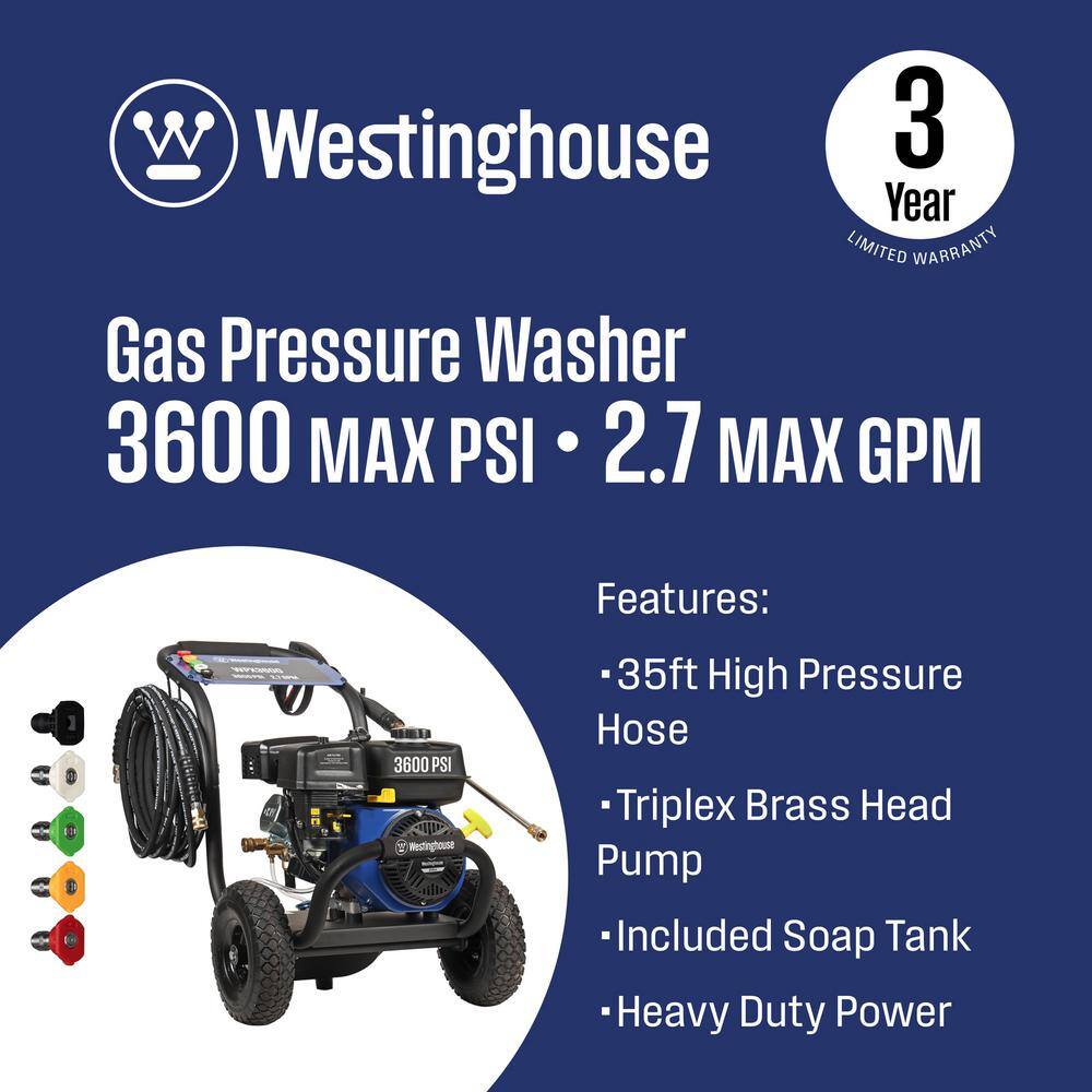 Westinghouse WPX 3600 PSI 2.7 GPM 212 CC Cold Water Gas Powered Triplex Pump Pressure Washer with 5 Quick Connect Nozzles WPX3600