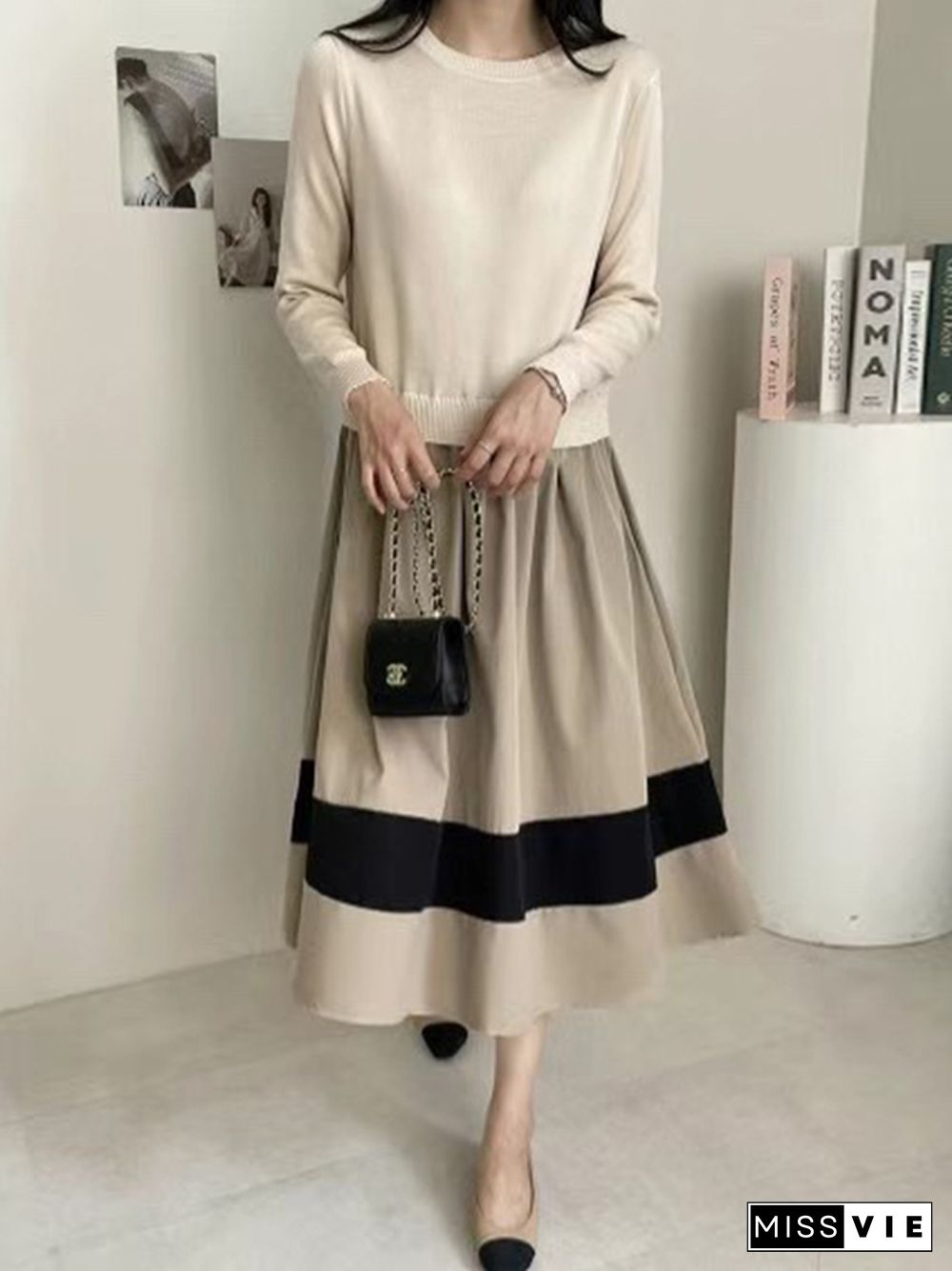 A-Line Long Sleeves Pleated Split-Joint Round-Neck Midi Dresses