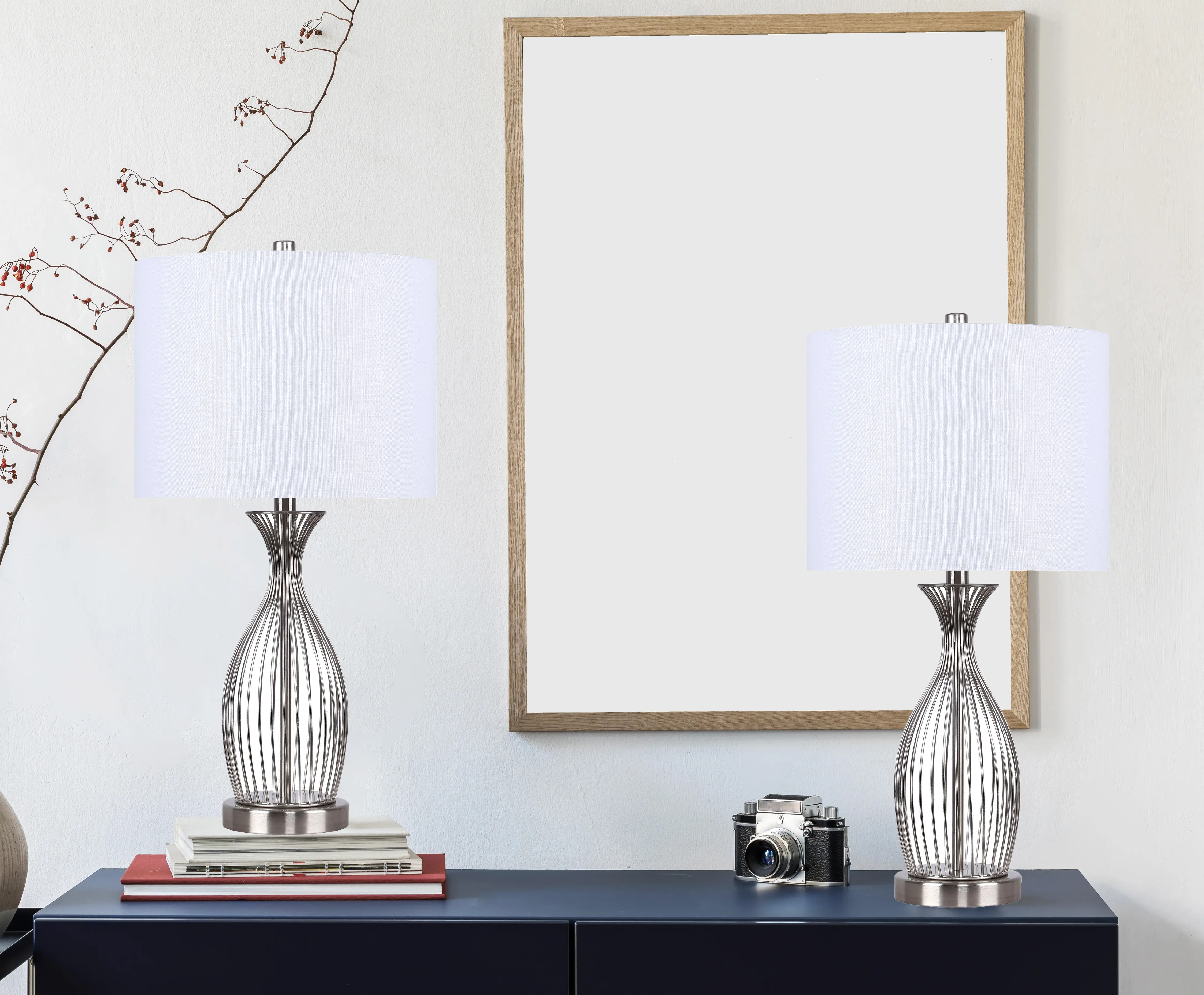 Cinched Canary Brushed Nickel Steel Table Lamps， Set of 2