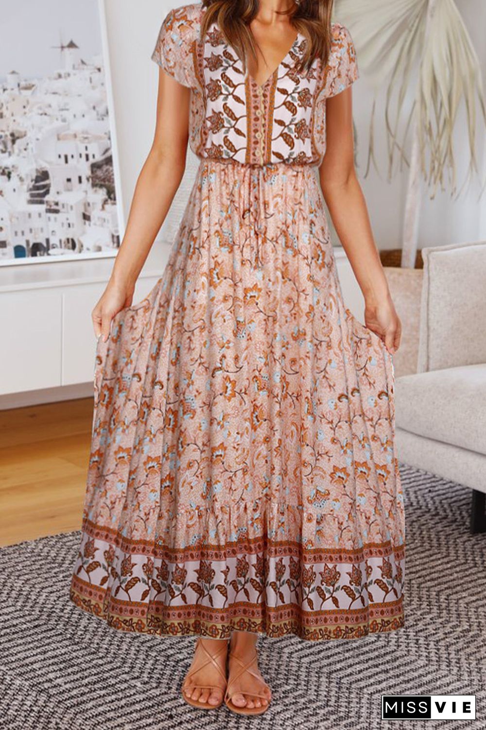 V Neck Buttoned Drawstring Bohemian Print Maxi Dress