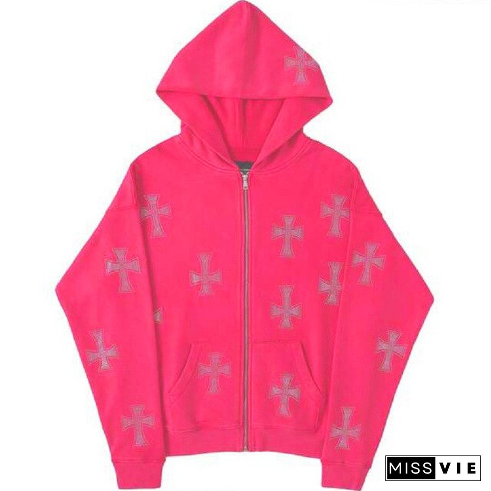 Harajuku Y2k Hooded Hoodies Women's Loose Top Ironing Drill Zipper Hooded Gothic Sweatshirt Tops