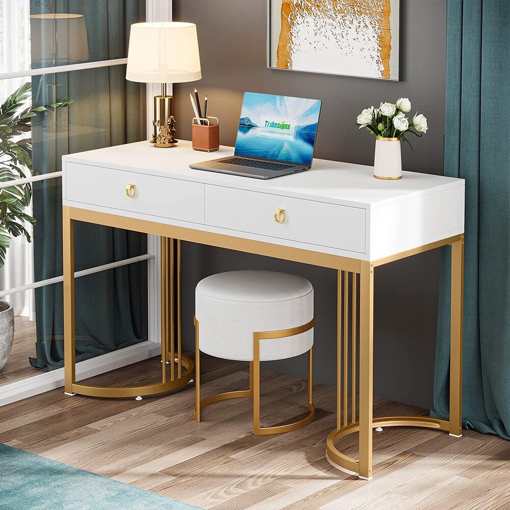 Computer desk Writing Desk with 2 Drawers  47 inch White and Gold Desk  Modern Simple Study Table  Gold Makeup Vanity Desk