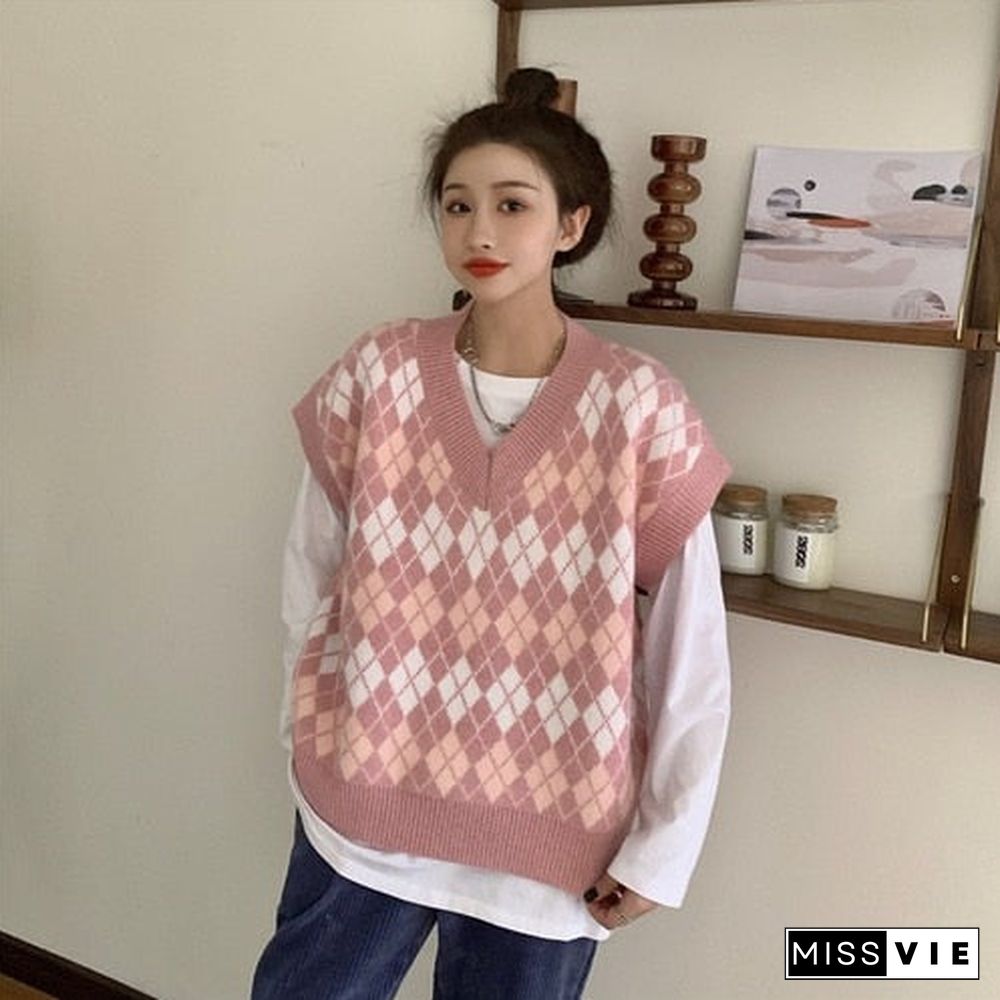 Knitted Cardigans Ladies Long Sleeve Argyle Korean Sweaters Female V-neck Rhombus Plaid Cardigan Jacket Fashion Women Sweater