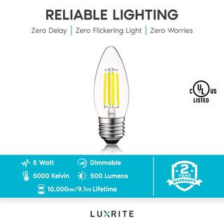 LUXRITE 60-Watt Equivalent B10 Dimmable Edison LED Light Bulbs Torpedo Tip Clear Glass 5000K Bright White (6-Pack) LR21608-6PK