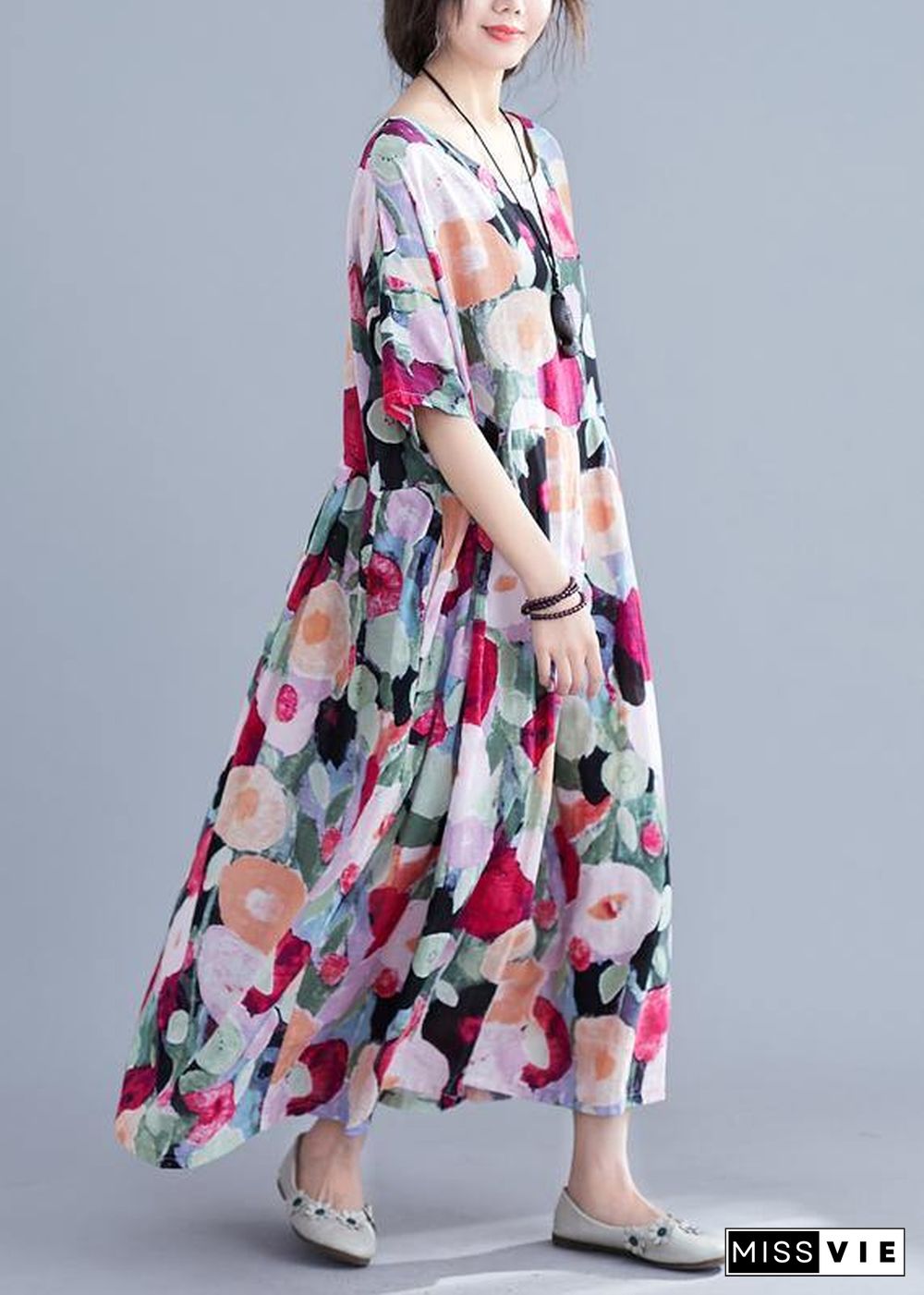 Bohemian floral Long dress half sleeve Cinched Maxi summer Dresses