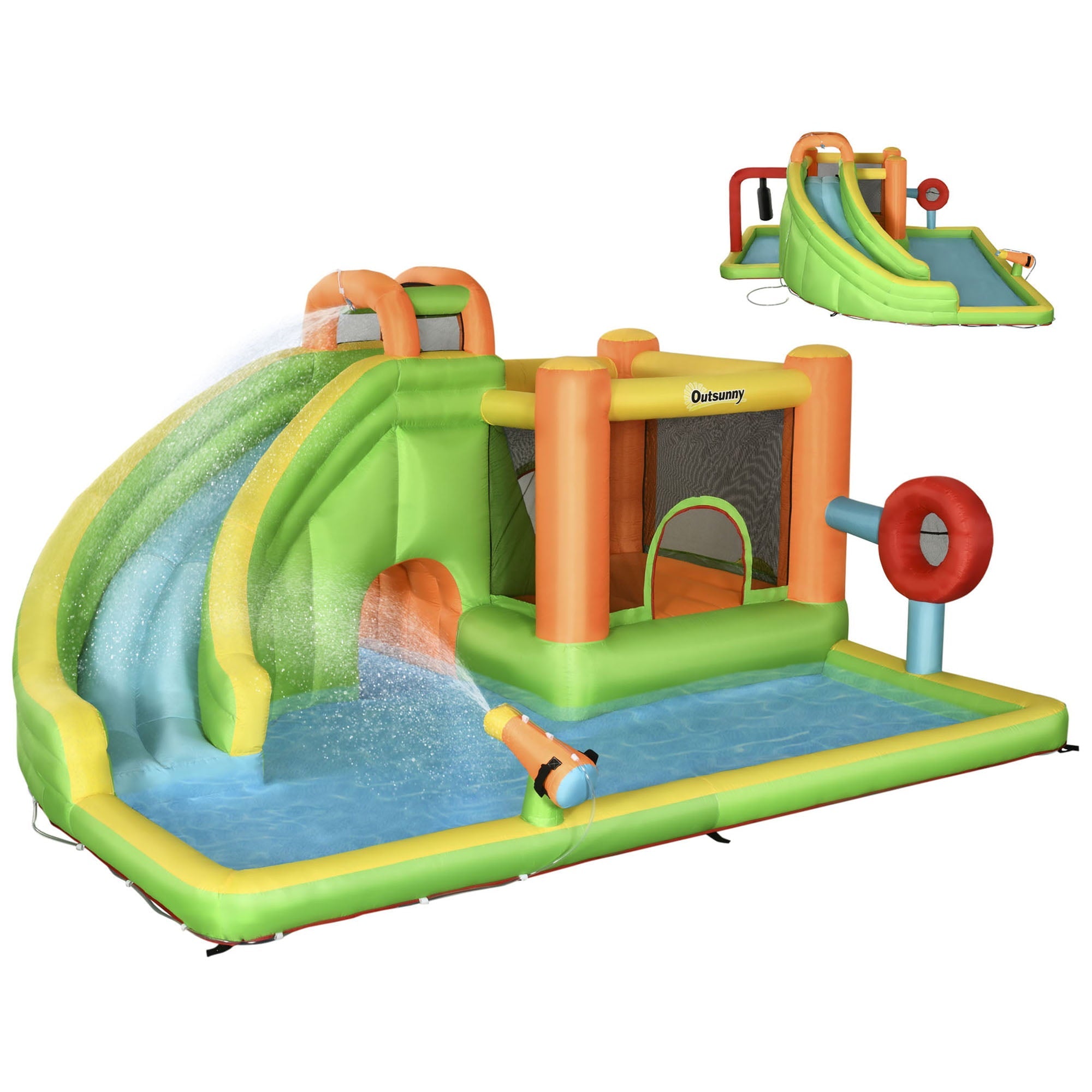 Outsunny 7-in-1 Backyard Inflatable Bounce House with Pool Sports, Water Gun, and More, Inflatable Water Slide for Kids with 2 Min. Inflation, Large Outdoor Game for Birthday Party Activities