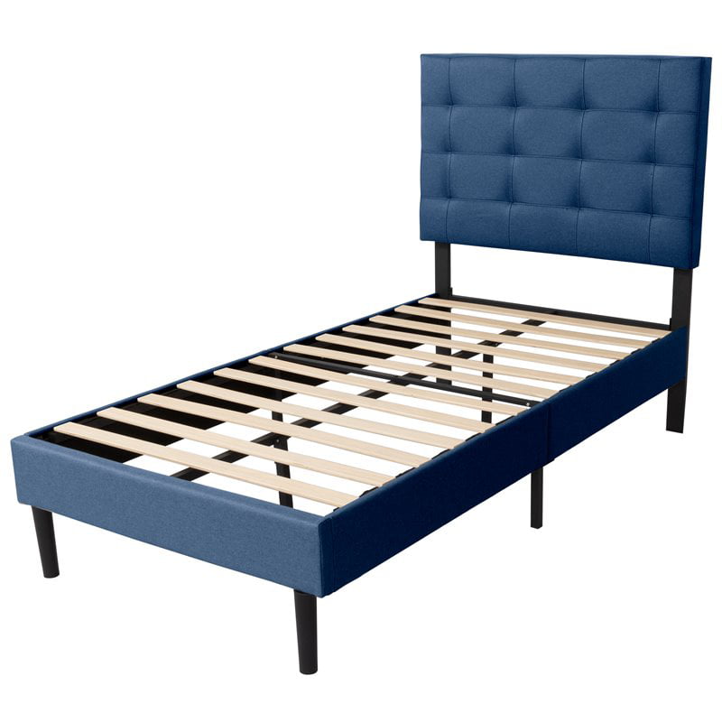 Madison Classic Wood Tufted Upholstered Bed, Queen, Blue/Black