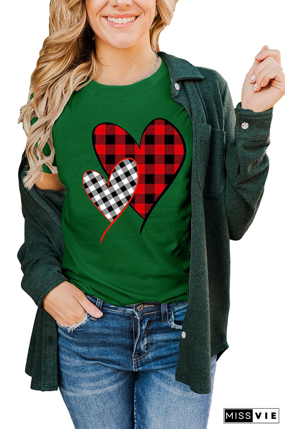 Valentine's Day Plaid Heart Print Short Sleeve Graphic Tee Wholesale