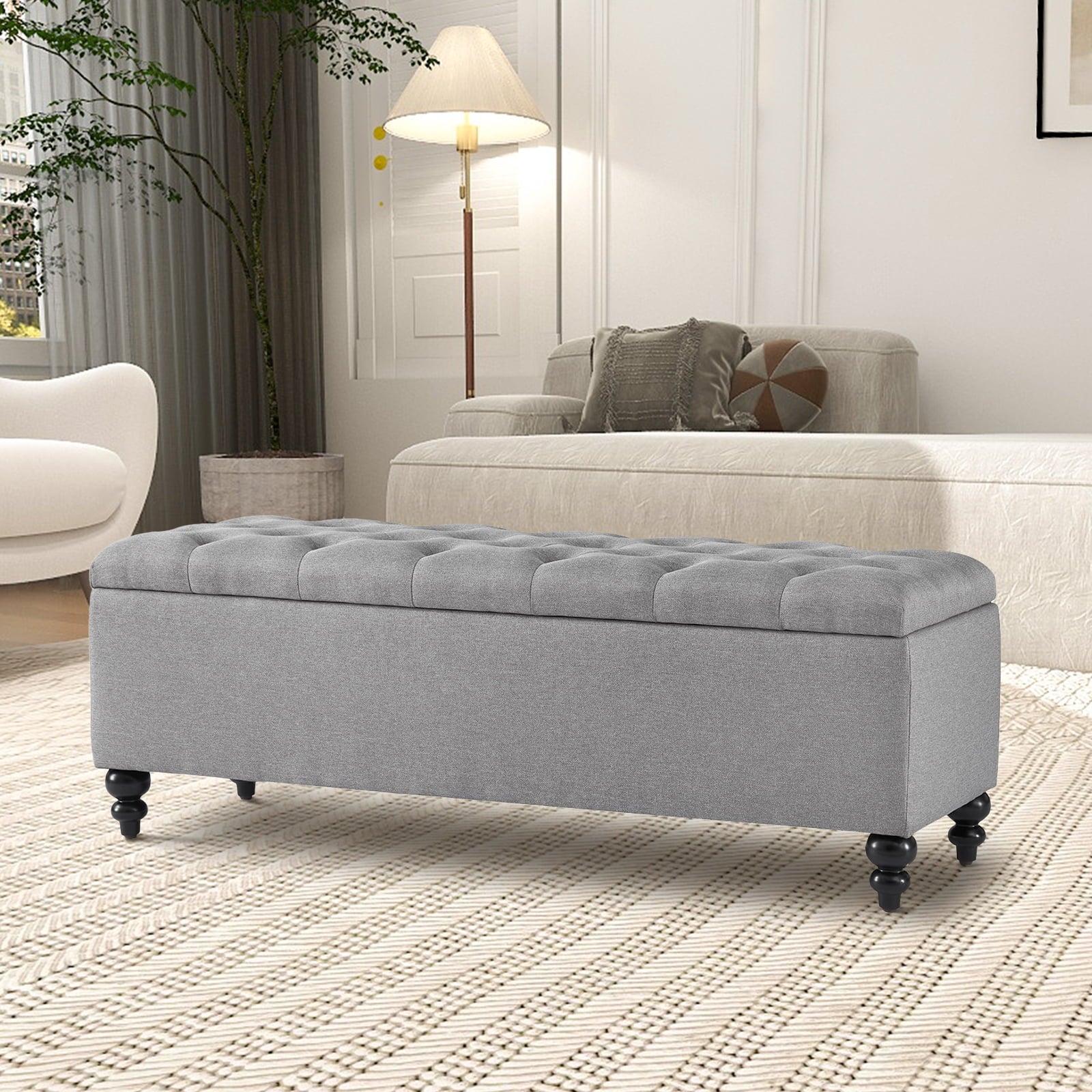 GERICCO 50.2 Inches Ottoman with Storage,Storage Ottoman Bench with Button-Tufted, Bedroom Bench Safety Hinge Ottoman in Upholstered Fabrics, Large Storage Bench for Bedroom, Living Room(Gray)