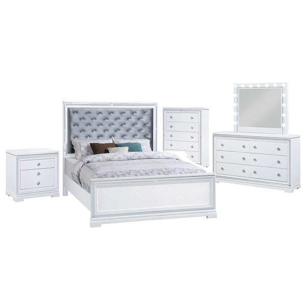 Upholstered Eastern King Bedroom Set in Silver and White - - 36135708