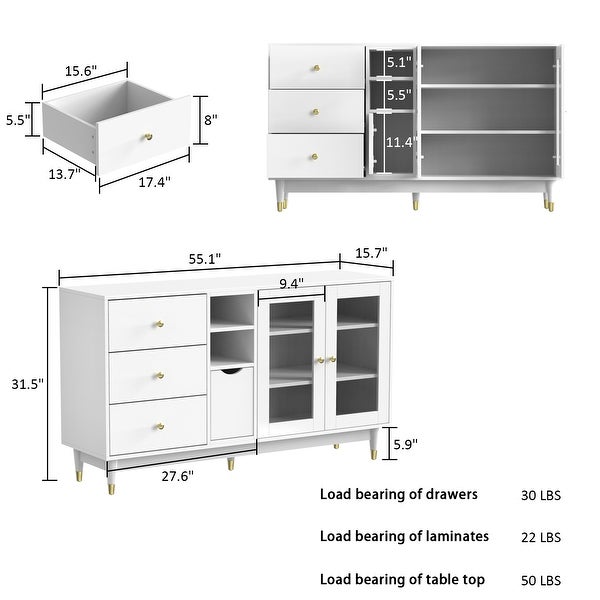 Wood Glass-Buffet-Sideboard Living Entryway Serving Storage Cabinet - 55.1