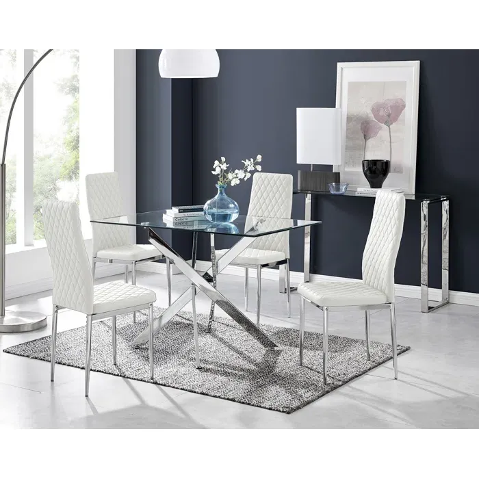 Lenworth Modern Chrome Metal and Glass Dining Table Set with 4 Luxury Faux Leather Dining Chairs