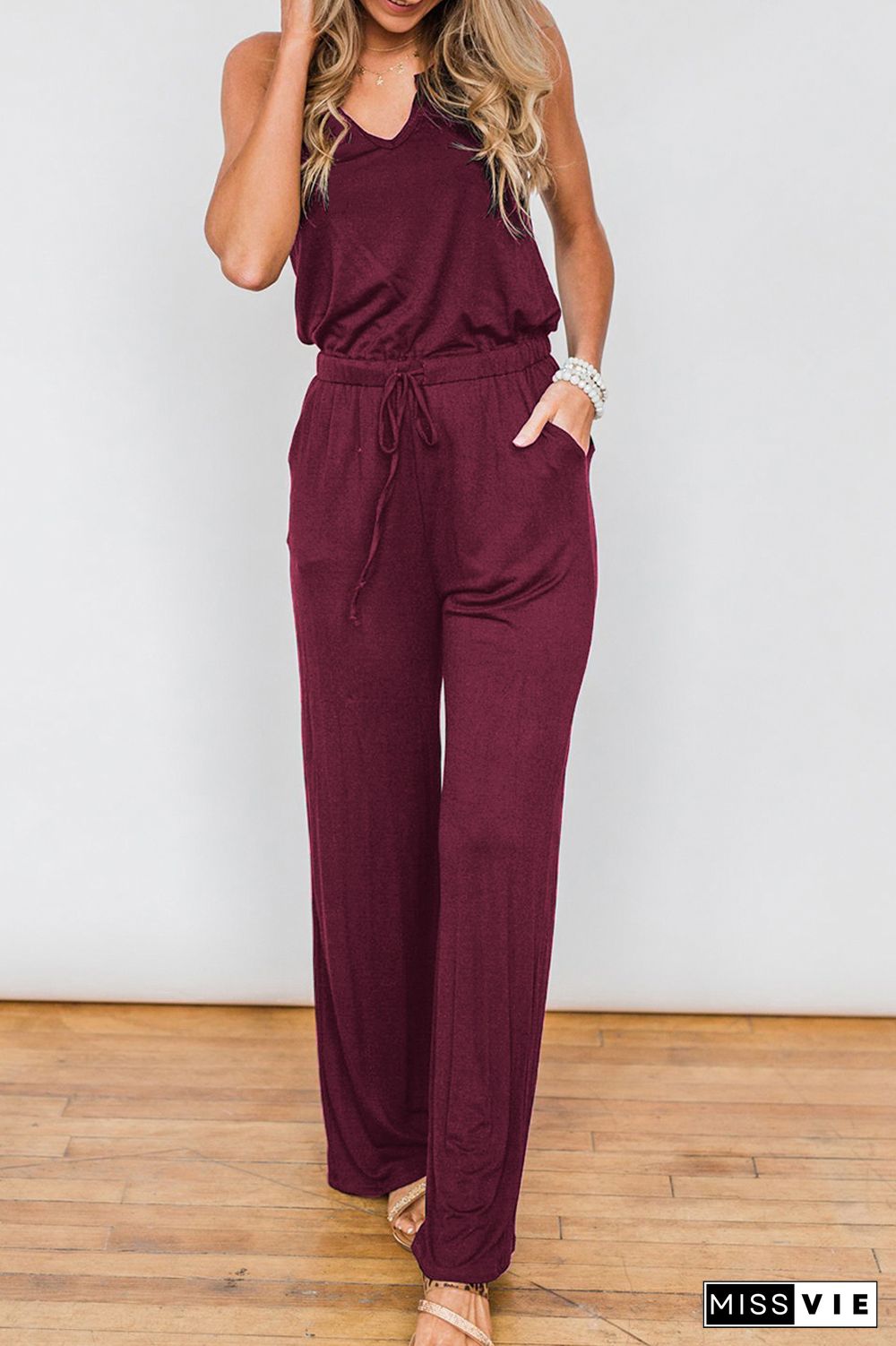 Wine Red Split Neck Drawstring Waist Sleeveless Jumpsuit