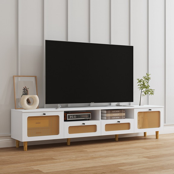 Farmhouse Rattan TV Stand Wood Media Entertainment...