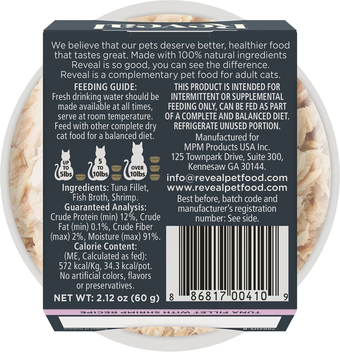 Reveal Natural Grain-Free Tuna with Shrimp in Broth Flavored Wet Cat Food， 2.12-oz pot， case of 18