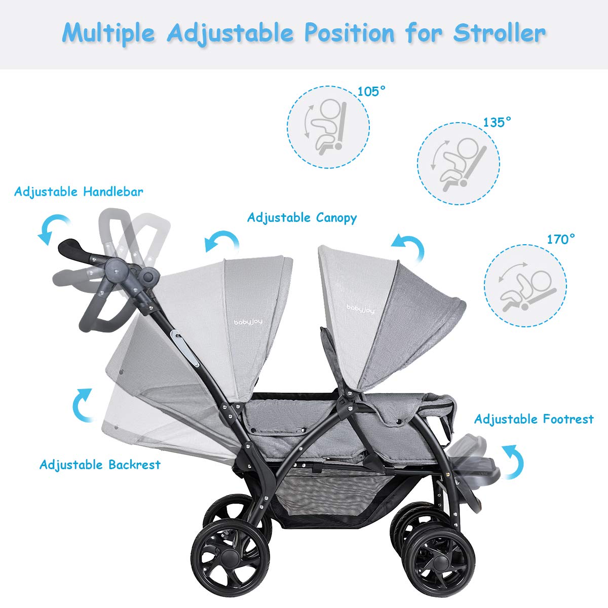 Foldable Double Seat Tandem Stroller  (Gray)