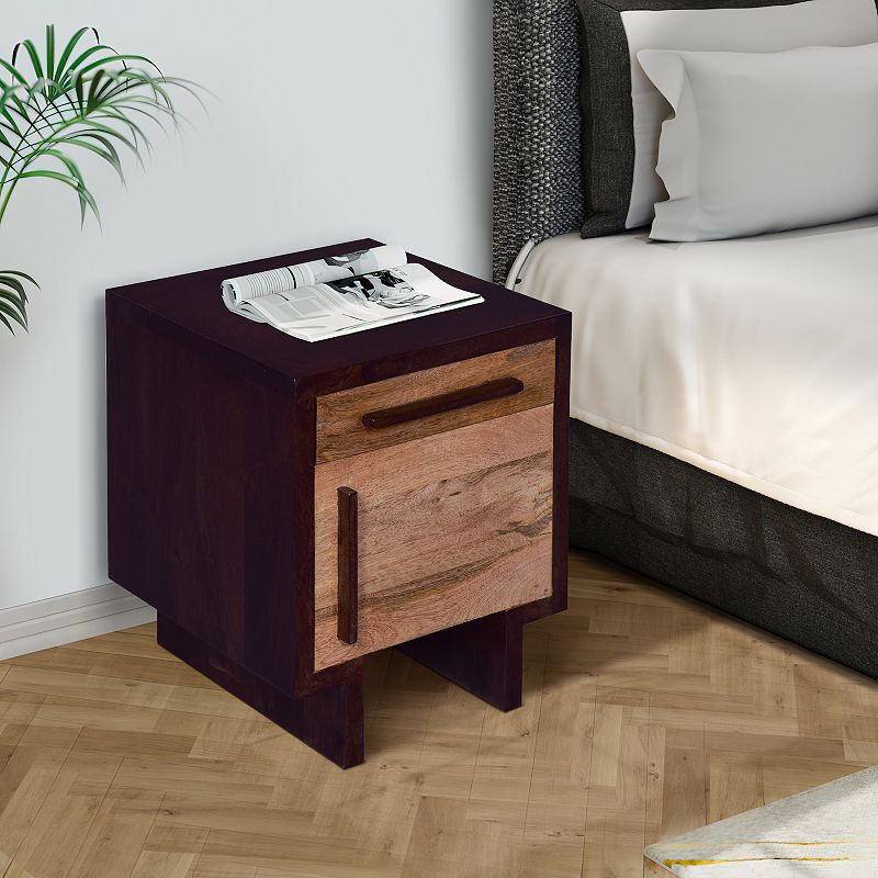 18.5 Inch Single Modern Contemporary Style Mango Wood Nightstand Side Table with 1 Drawer and Door， Cafe and Natural Brown