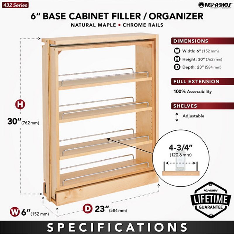 Rev-A-Shelf 6 Pull Out Kitchen Cabinet Filler Organizer Spice Rack， 432-BF-6C