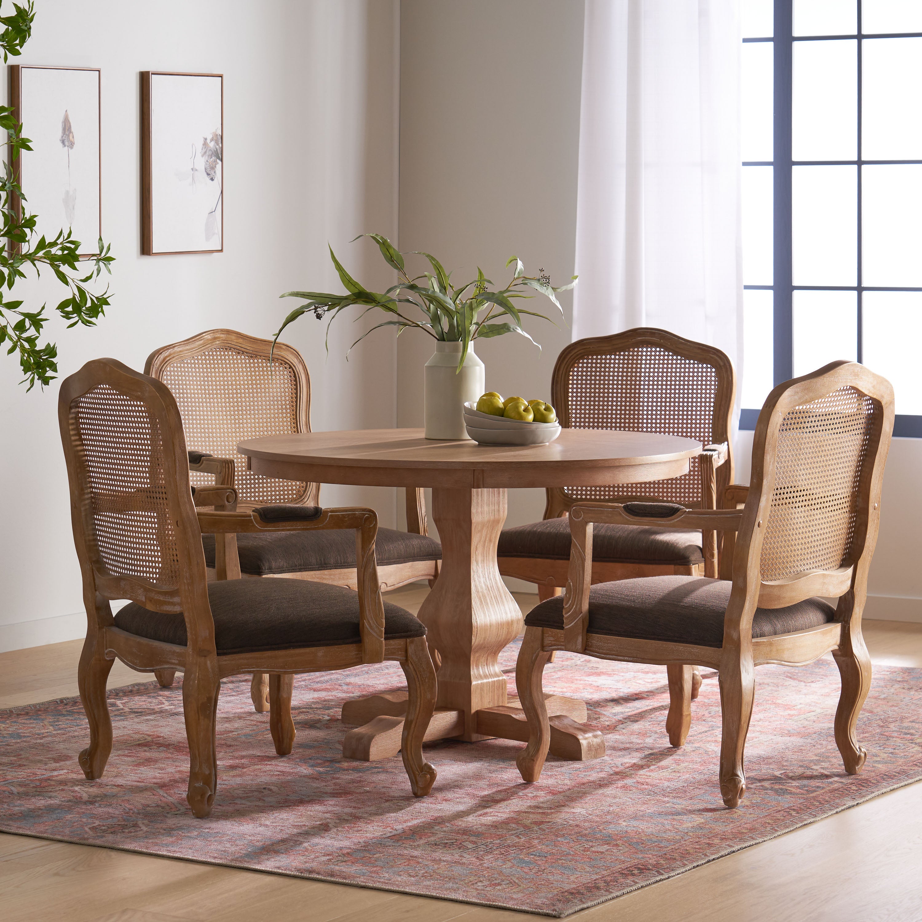 Absaroka French Country Fabric Upholstered Wood and Cane 5 Piece Circular Dining Set