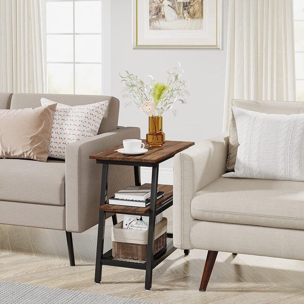 Industrial 3-Tier End Table with Metal Mesh Storage Shelf