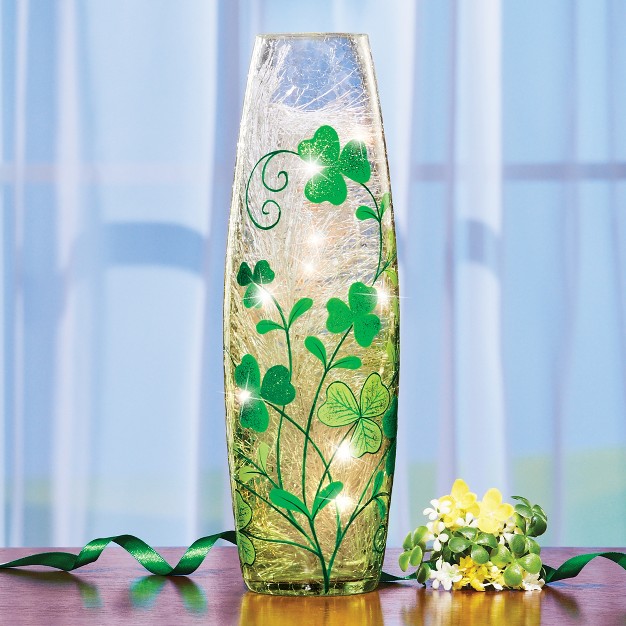 Collections Etc Hand painted Glittery Shamrocks Crackled Glass Tabletop Lamp 3 75 X 3 75 X 11 75 Clear Modern amp Contemporary