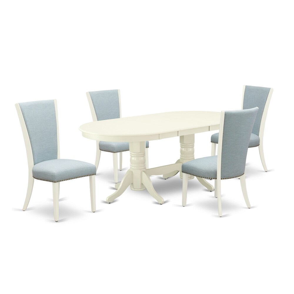 East West Furniture Dining Table Set  an Oval Dinner Table and Baby Blue Linen Fabric Chairs  Linen White(Pieces Options)