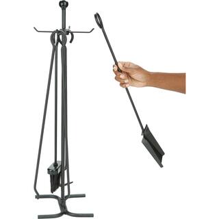 Mind Reader 4-Piece Stand Alone Fire Place Set Steel Construction Includes Stand Brush Poker Tongs ShovelScooper Black FIRE4-BLK