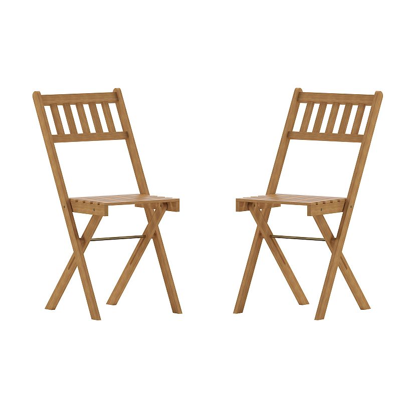 Merrick Lane Stora Set of 2 Solid Acacia Wood Armless Folding Patio Bistro Chairs with Slatted Backs and Seats