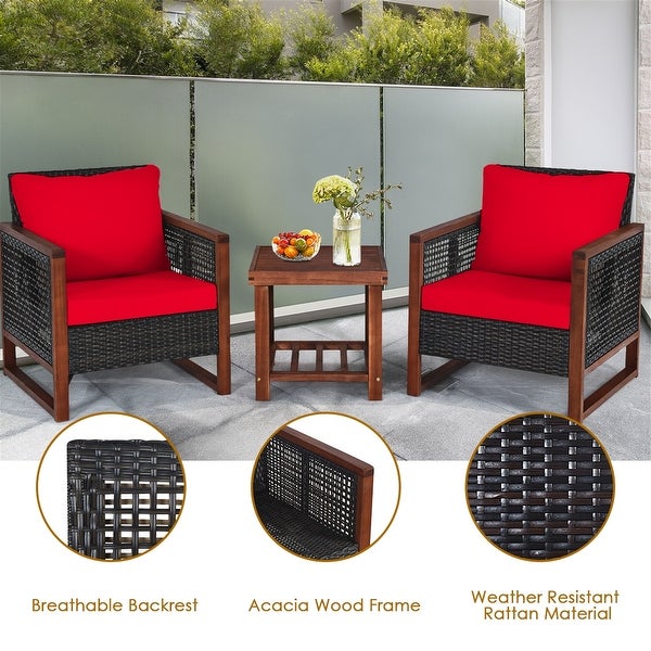 3PCS Patio Wood Wicker Conversation Furniture Sofa Set with Cushion - Overstock - 37500666