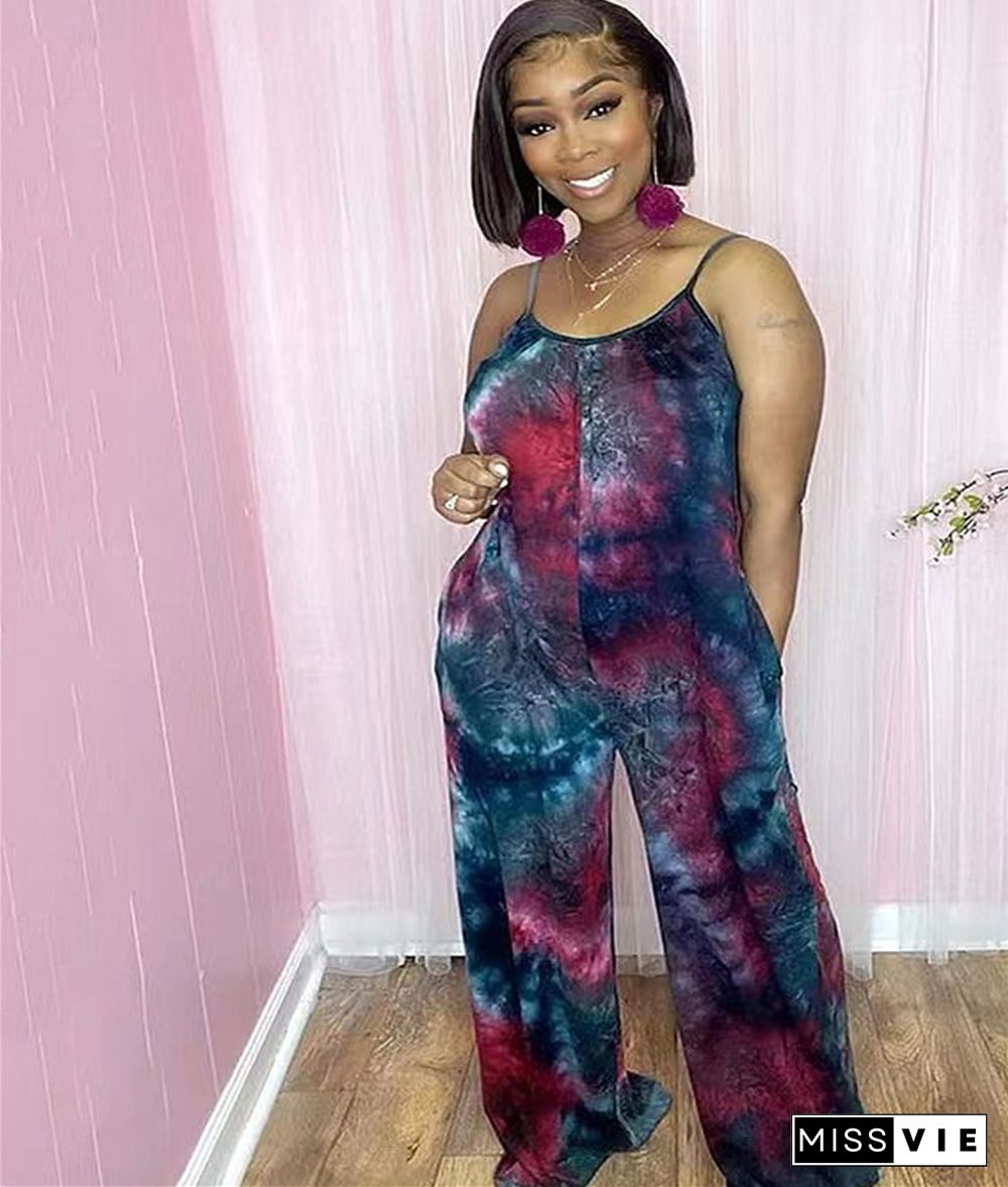 Tie Dye Print Loose Wide Leg Women Jumpsuit