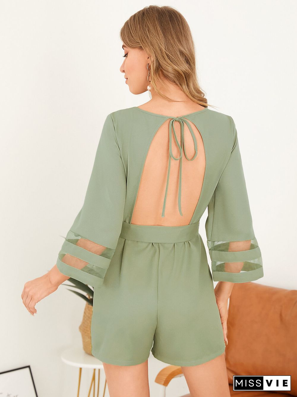 Solid Color Crew Neck Tie Up Backless Romper