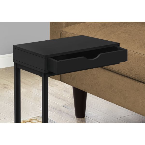 Accent Table， C-shaped， End， Side， Snack， Storage Drawer， Living Room， Bedroom， Black Laminate， Black Metal， Contemporary， Modern