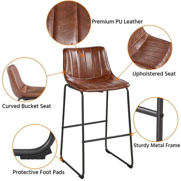 Alden Design Faux Leather High Bar Stool with Backrest， Set of 2， Brown