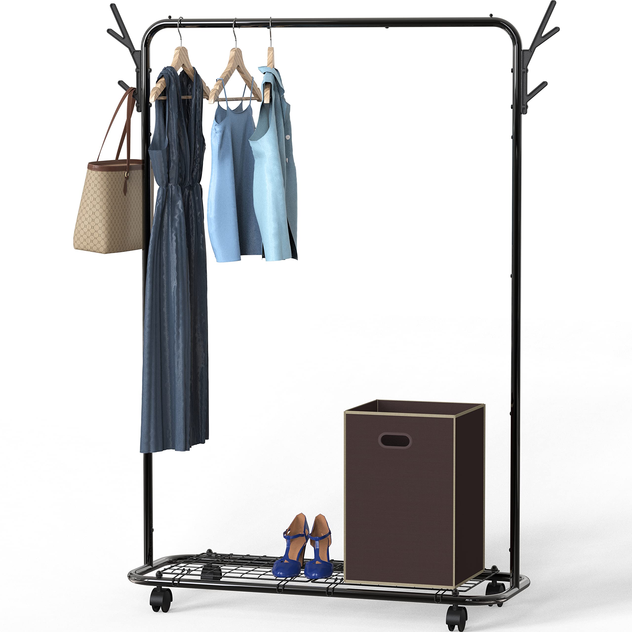 SimpleHouseware Industrial Style Garment Rack With Caster And Hooks, Black