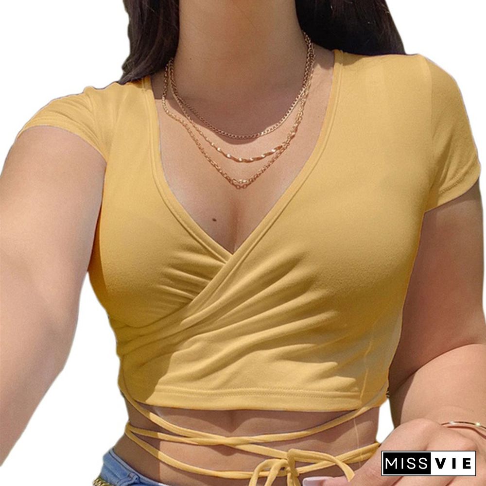 Women Fashion Solid Color Sexy V-neck Crop Tops Slim Fit Summer Short Sleeve Tank Top T Shirts