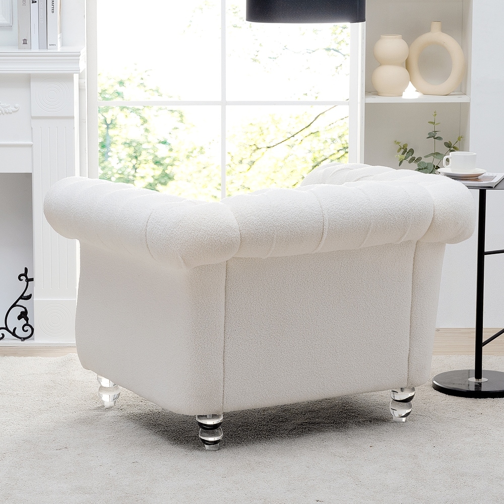 Livingroom Accent Chair  1 Seater Teddy Velvet Cover Sofa Armchair Rolled Arms Chair Lounge Chairs with Nailheads  White