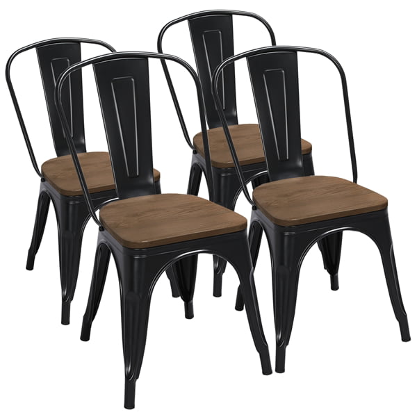 Alden Design Metal Dining Chairs with Wooden Seat， Set of 4， Black