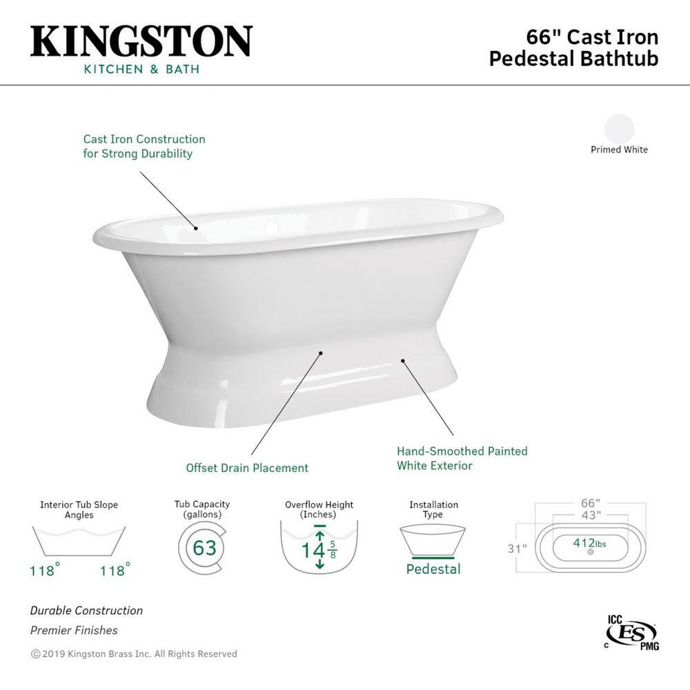 66 in. Cast Iron Double Slipper Pedestal Flatbottom Bathtub in White HVCTND663024